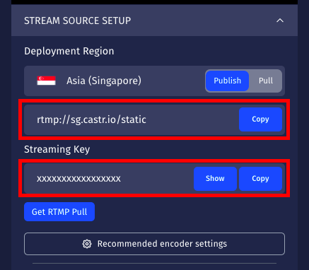 the RTMP URL and Stream Key provided by Castr